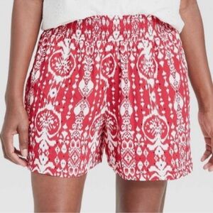 Knox Rose Bonfire Red Ikat Print Pull-On High Waist Shorts Smocked Bottom XS NEW